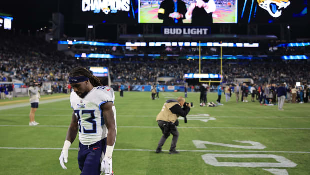 Tennessee Titans safety Jonathan Ward (33) walks off the field after the game of an NFL football regular season matchup AFC South division title game Saturday, Jan. 7, 2023 at TIAA Bank Field in Jacksonville. The Jacksonville Jaguars held off the Tennessee Titans 20-16.